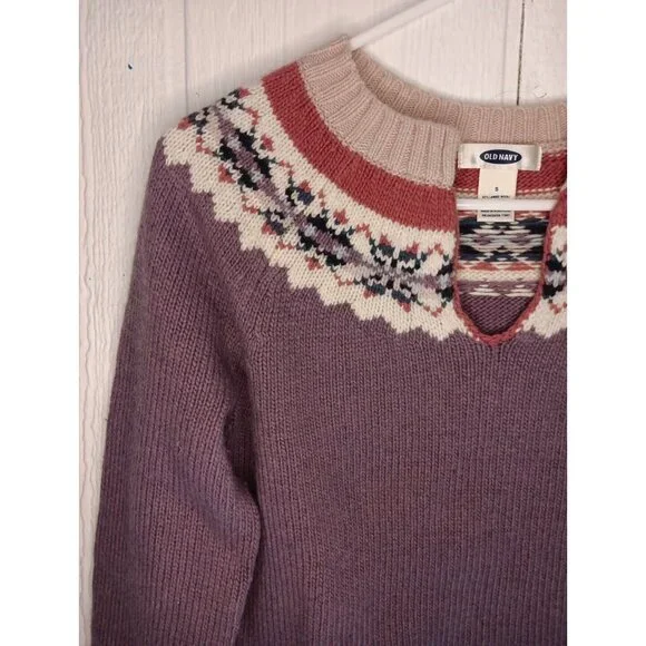 Old Navy Sweater Women S Purple Pink Floral Wool Blend Pullover V Neck Fair Isle - Picture 2 of 5
